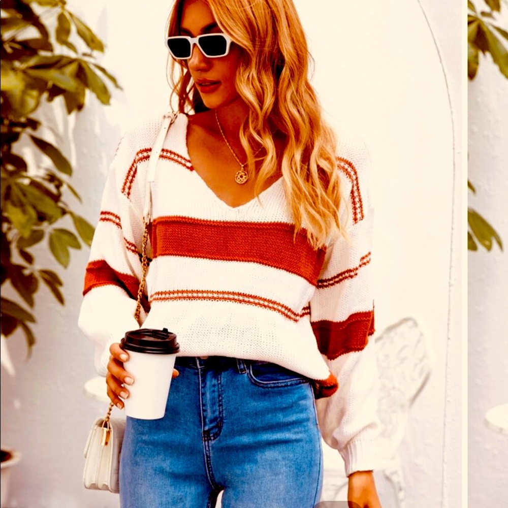 Burnt Orange, cream and off-white v neck sweater